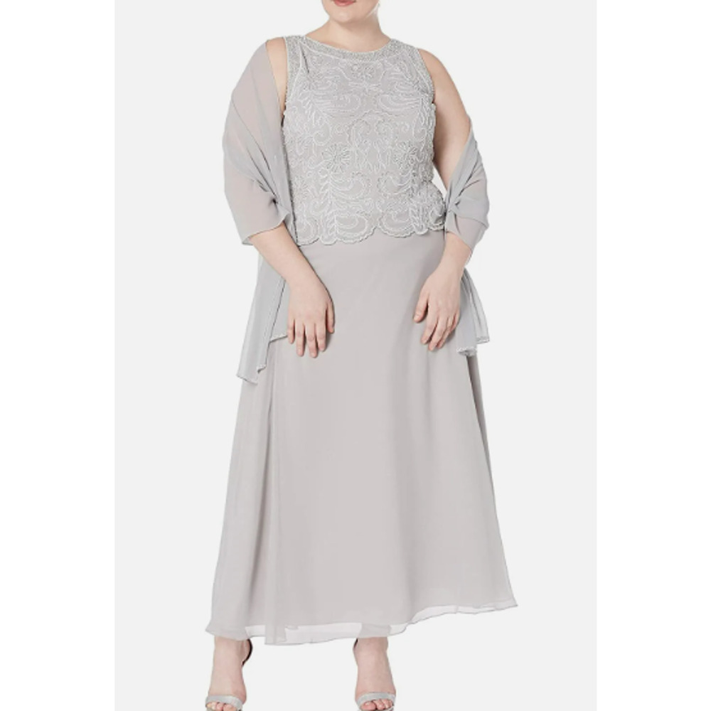 J Kara  Plus Size Beaded Long Dress & Chiffon Scarf | Size 18